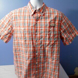 Men Magellan Mag Shield Loose Fit Peach Gray White Plaid S/S Shirt M NWOT